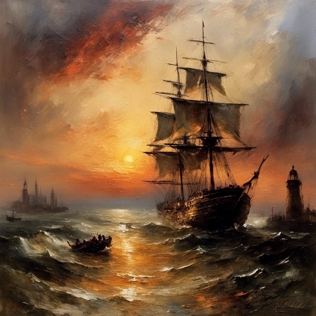 Stately Ship at Sunset, Impasto Oil Painting
