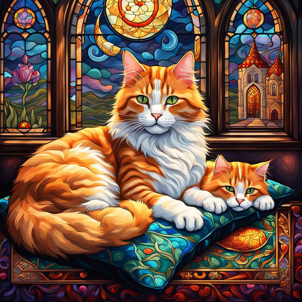 Fantasy Scene of Ginger Cat and Calico Kitten