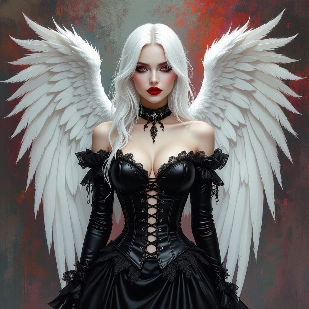 Gothic Angel in Leather Corset with Red Lipstick