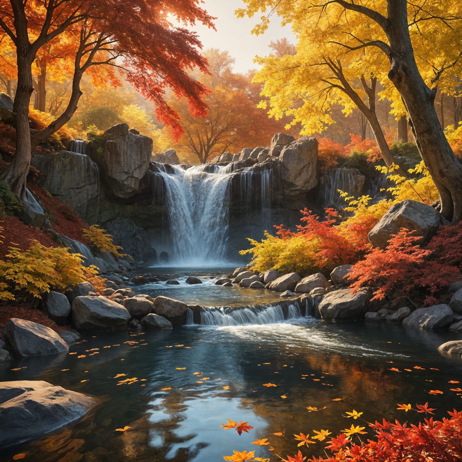 Autumn Waterfall Serenity at Sunset