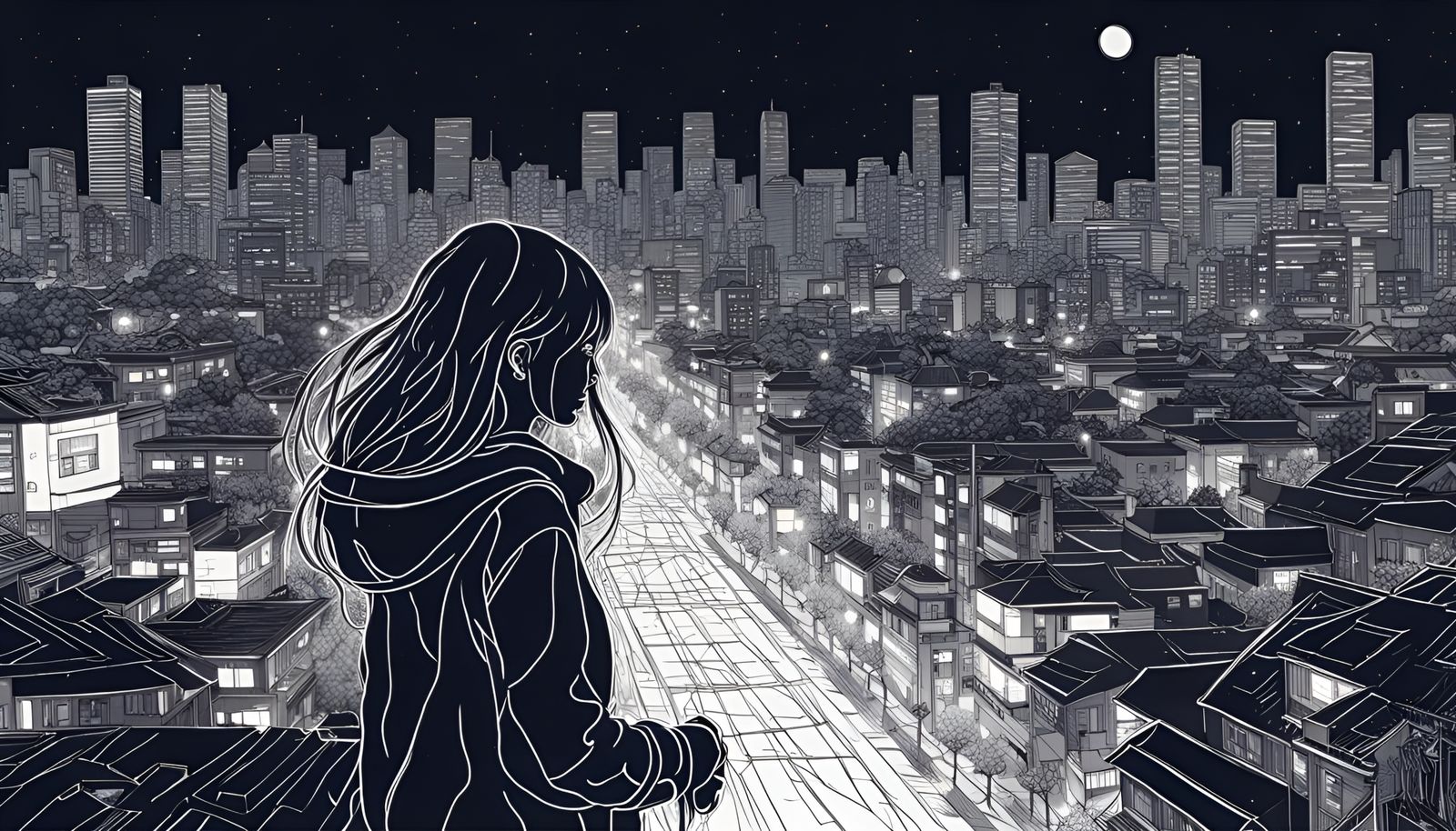 Monochromatic Line Art: Tokyo Winter Night