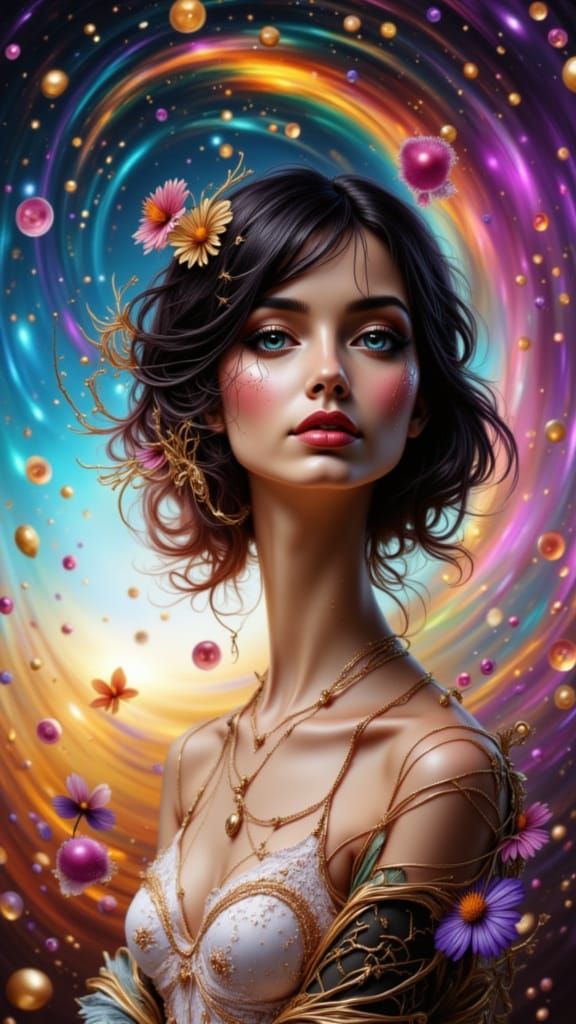 Woman in Abstract Rainbow Swirls, Magical Realism Style