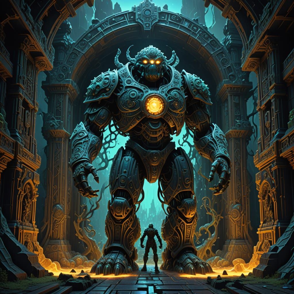 Fractal Golem Guarding a Bioluminescent Portal
