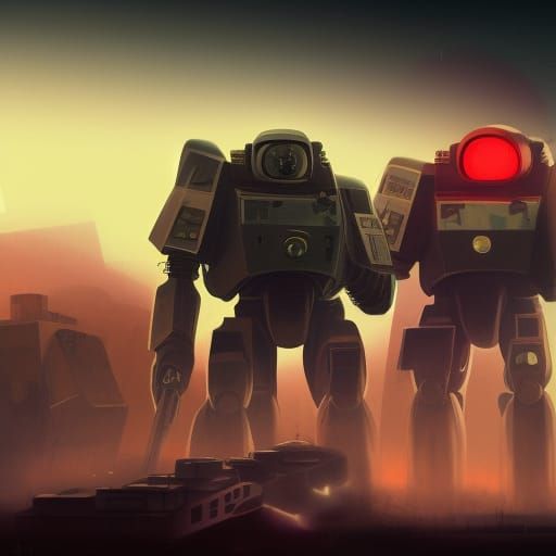 Soviet Cyber Noir Mech in Dystopian Cityscape