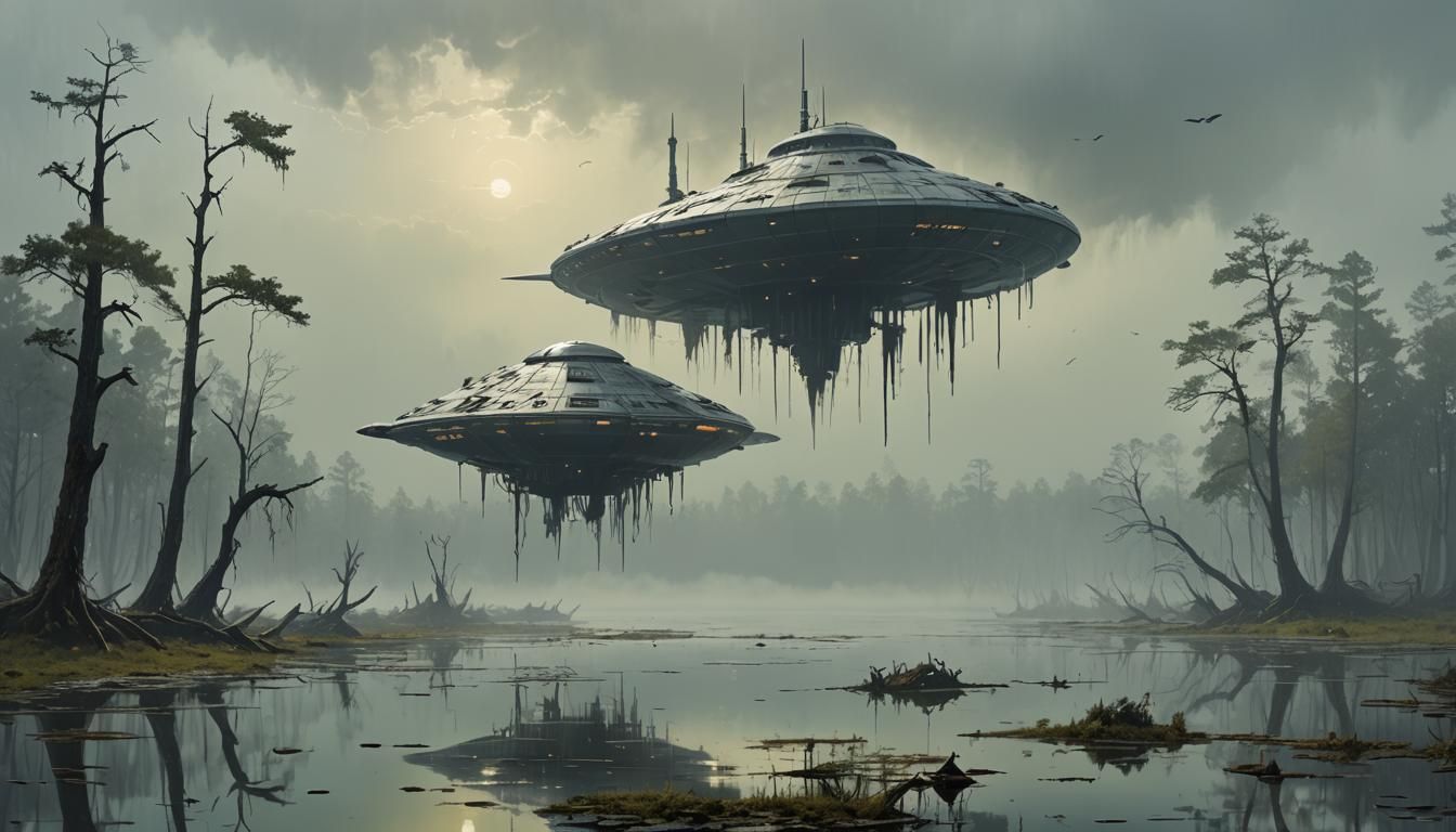 Sinister Spaceship Levitating Over Desolate Swamp