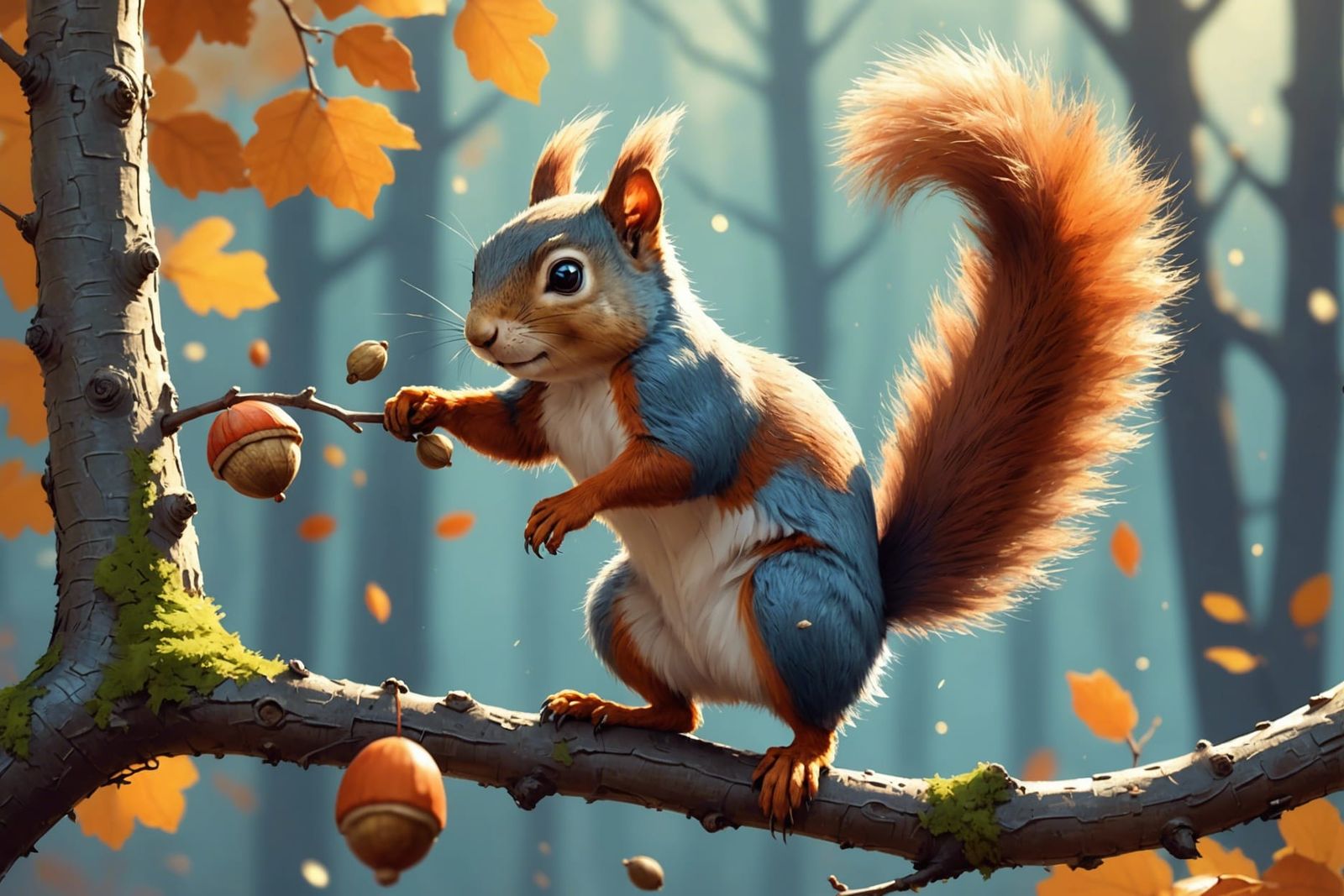 Playful Squirrel Juggling Acorns in Fantasy Style