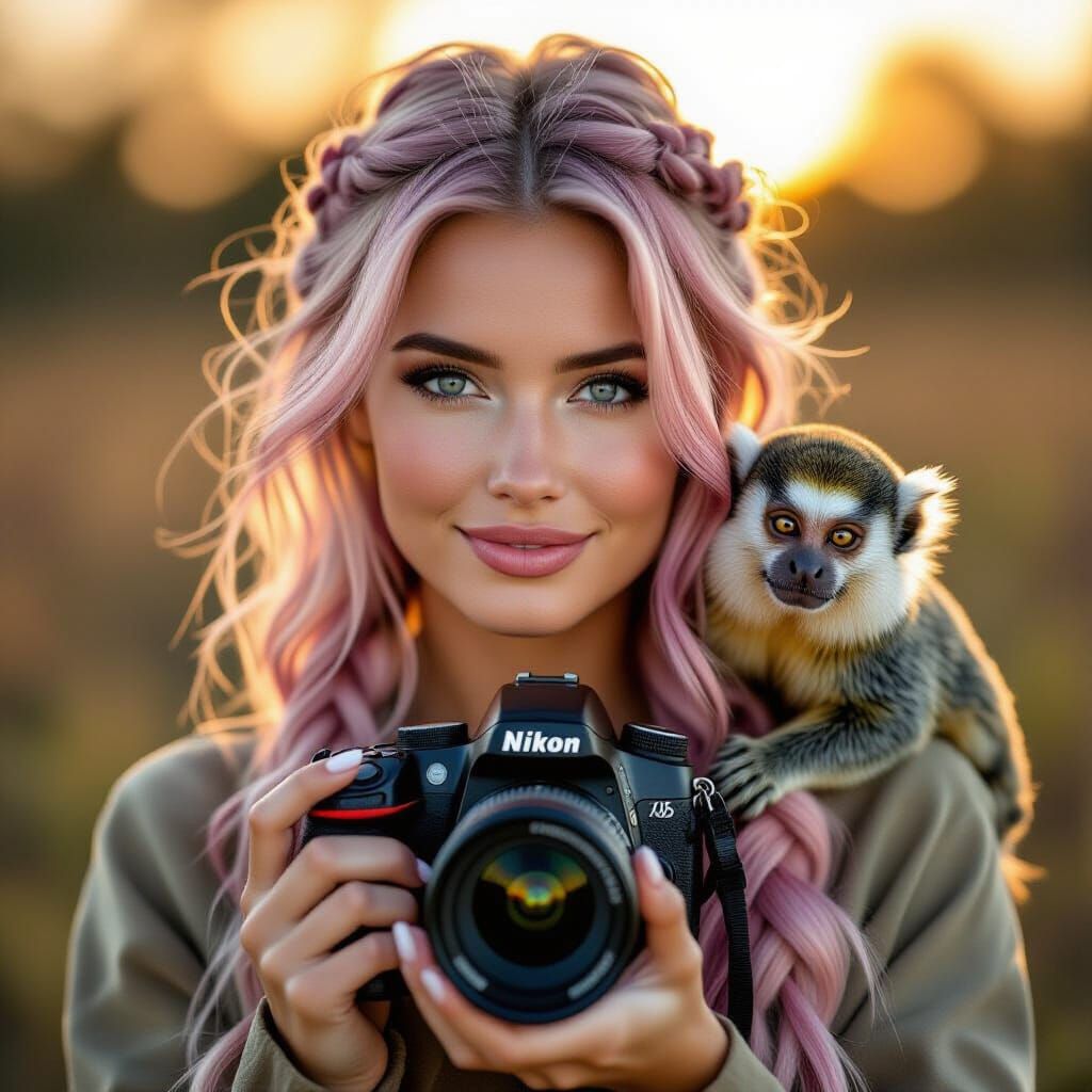 Woman with Pink Hair and Marmoset, Wildlife Photography Styl...