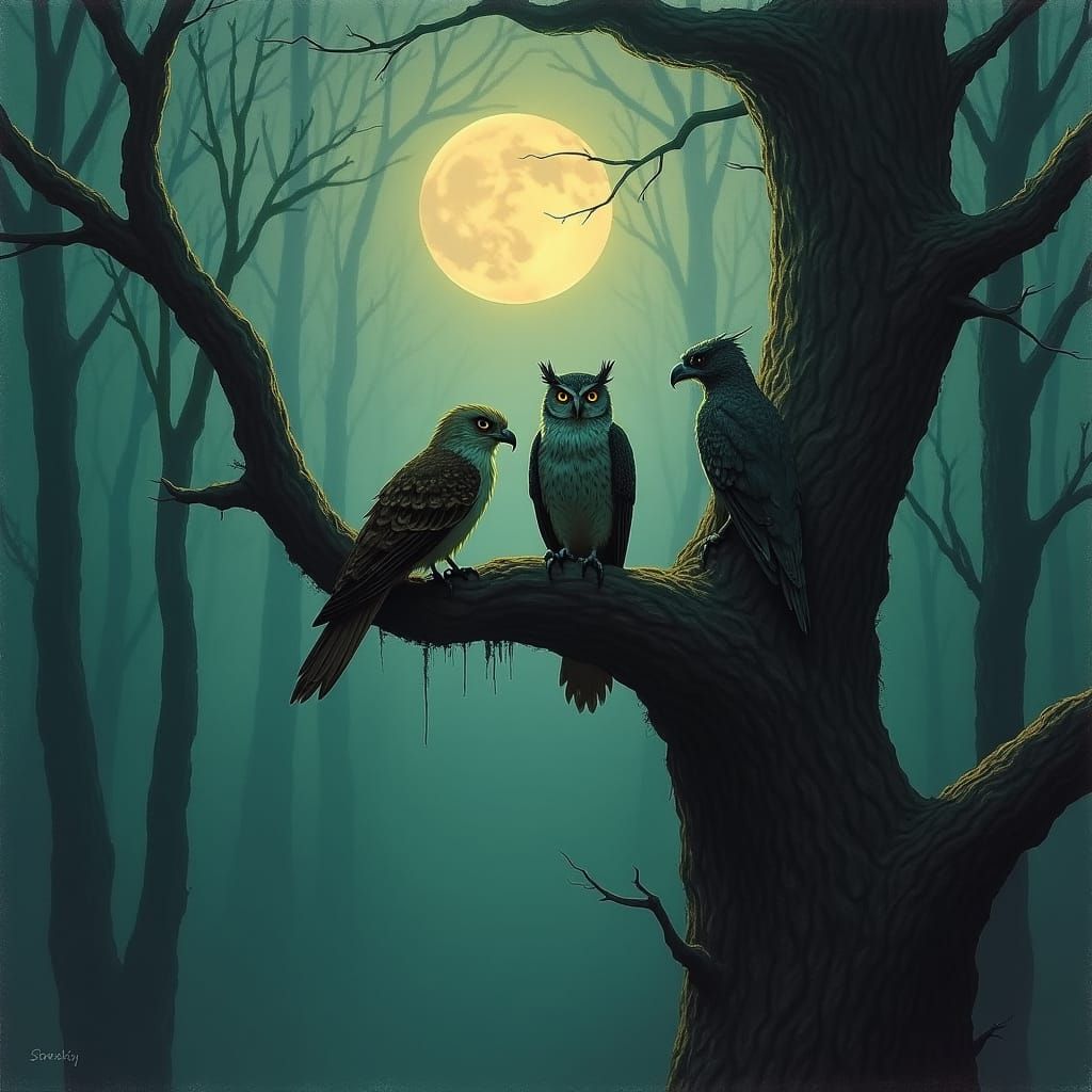 Falcon, Owl, and Dragon in Dark Fantasy Style