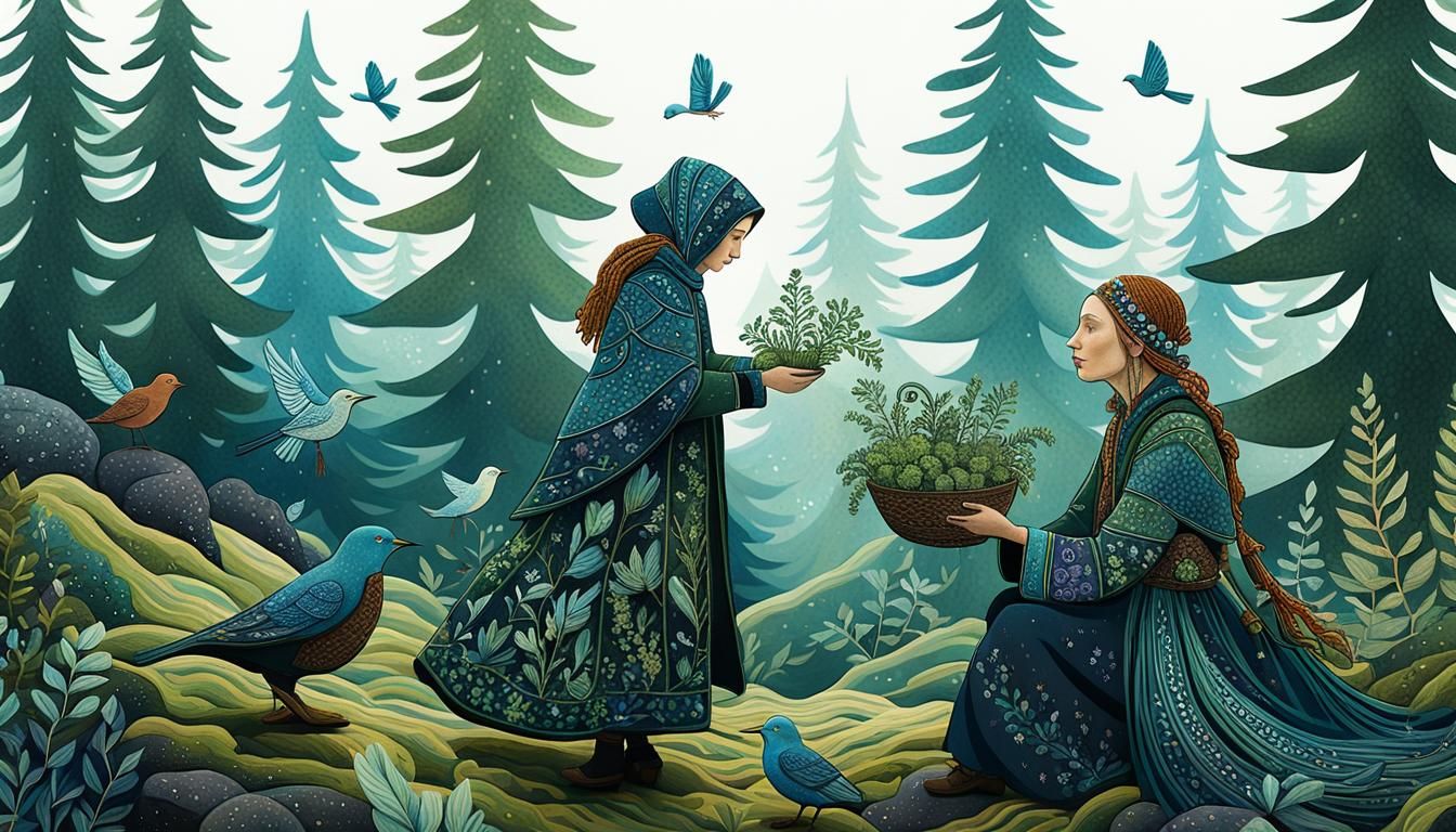 Icelandic Herbalist Collecting Plants: Folk-Art Illustration