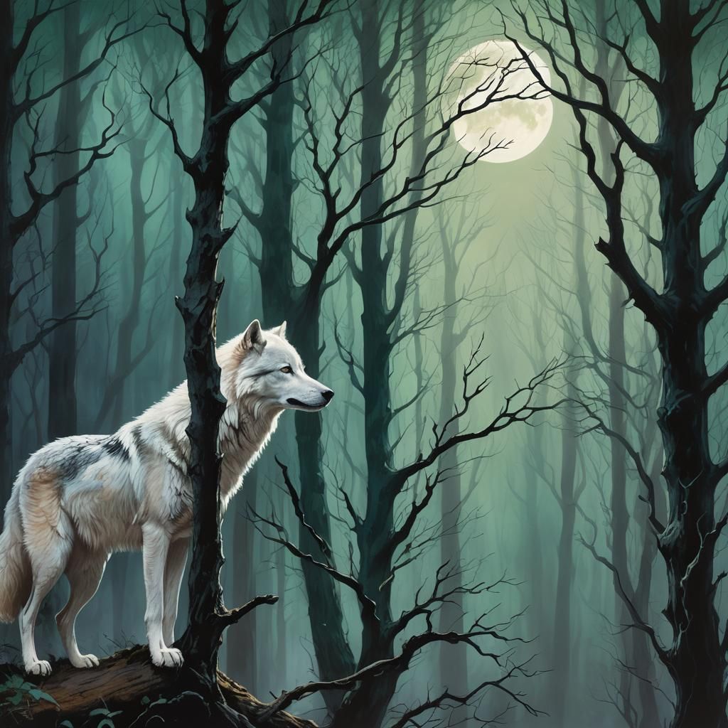 Lone White Wolf in Moonlit Forest, Hyperrealism