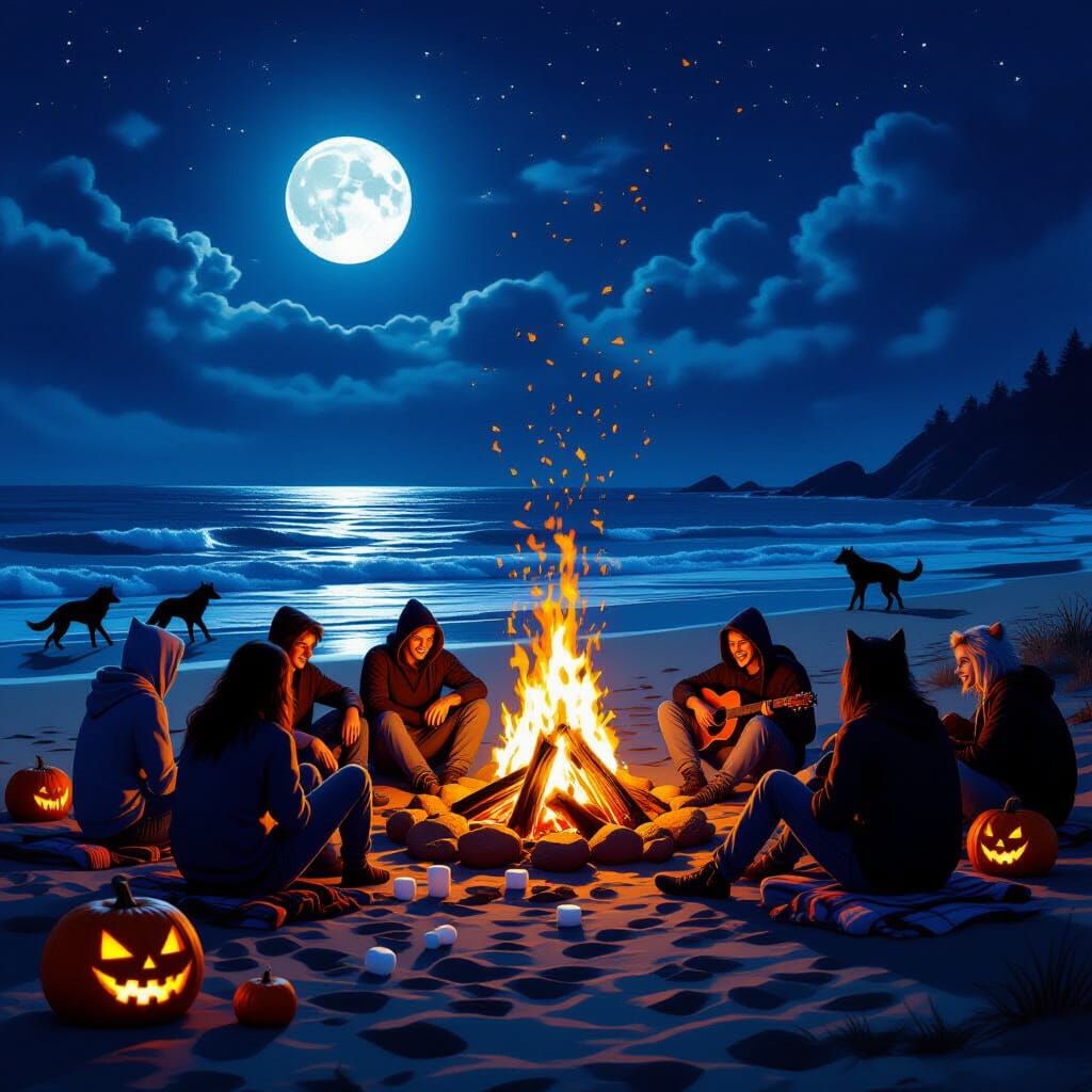 Halloween Beach Bonfire with Teen Werewolves