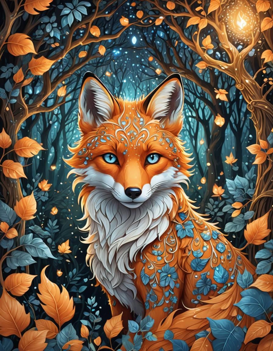 Whimsical Orange Fox in Mystical Forest, Digital Art