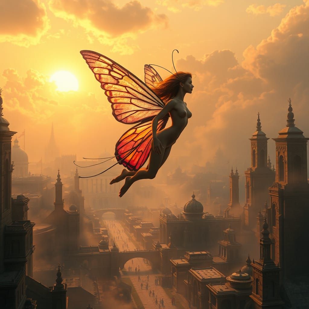 Butterfly-Human Hybrid Soaring Over Ancient City