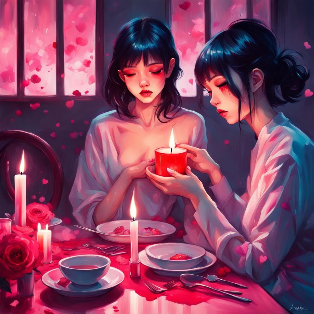 Romantic Valentine's Dinner in Japanese Pop Surrealism