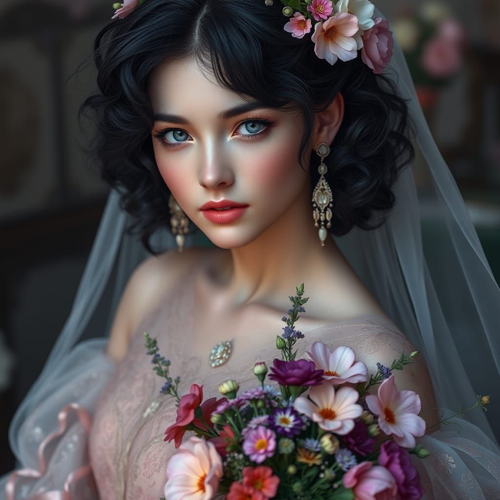Ethereal Woman in Floral Gown: Matte Painting