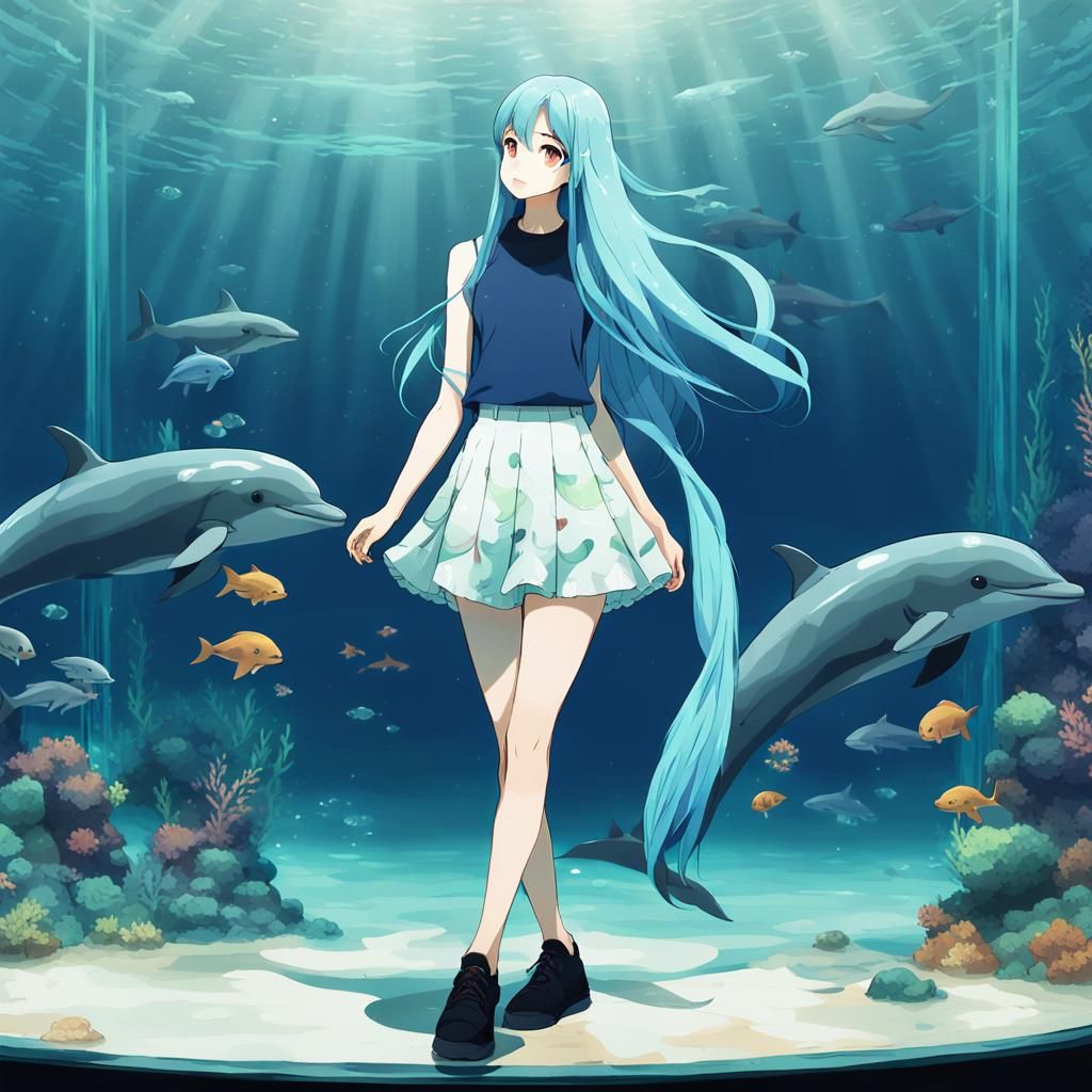 Beautiful anime woman in an aquarium.