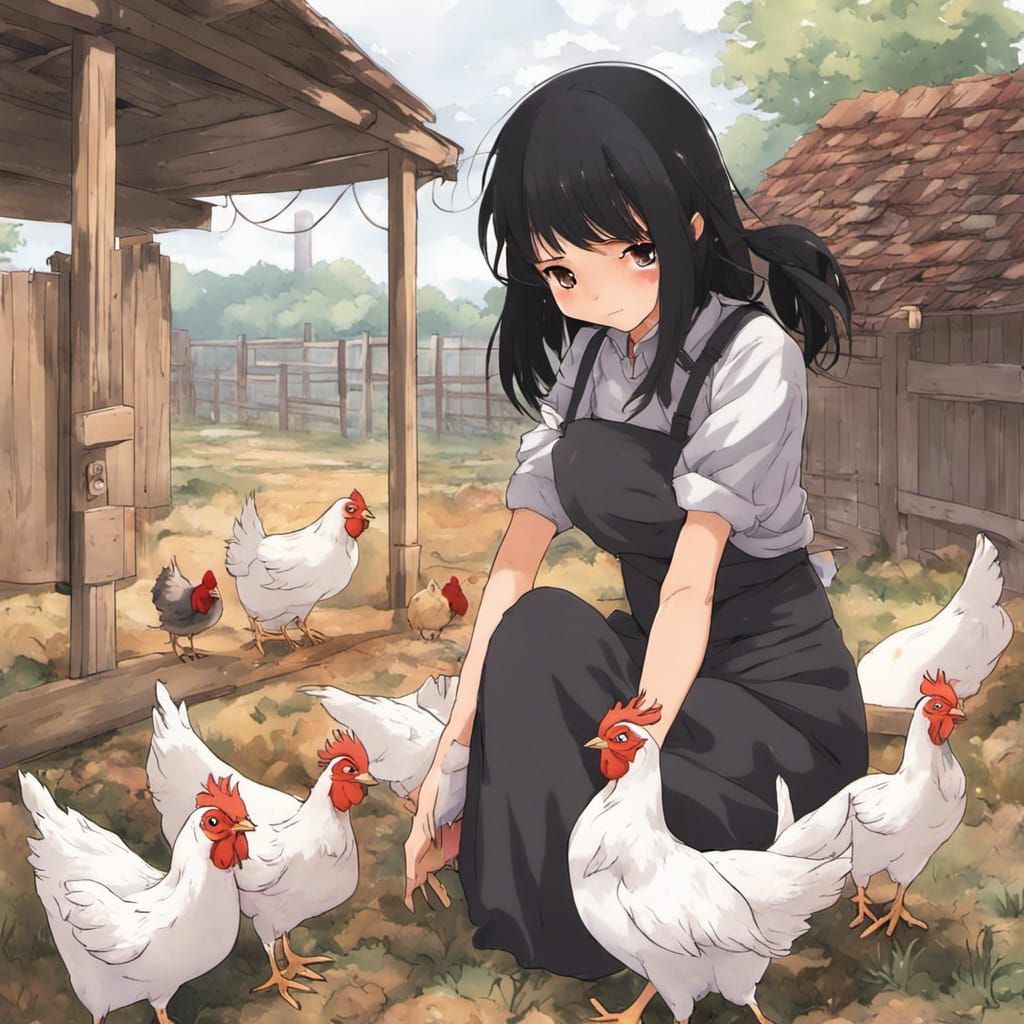 Anime Girl Caring for Chickens in Coop