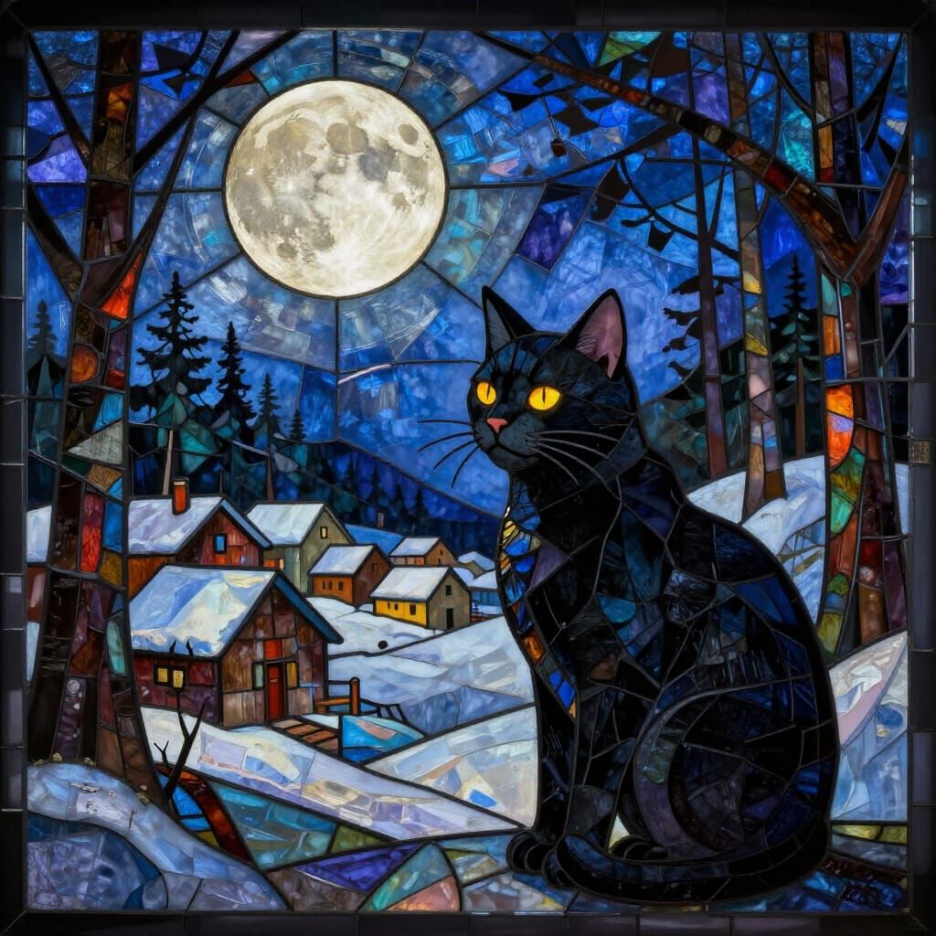 Stained Glass Moon Over Snowy Village with Black Cat