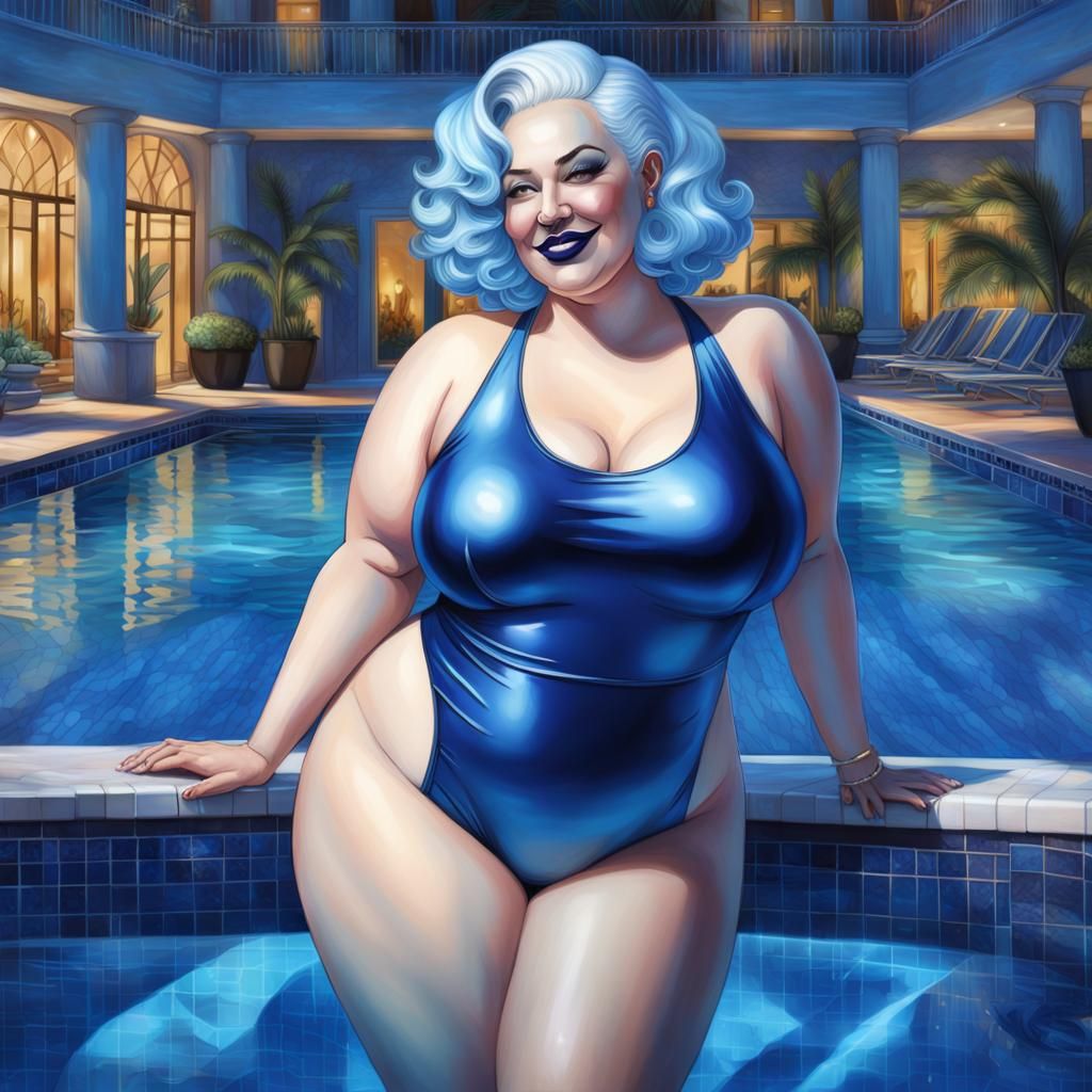 Sapphire Swimsuit: SSBBW in Glistening Pool, Digital Art