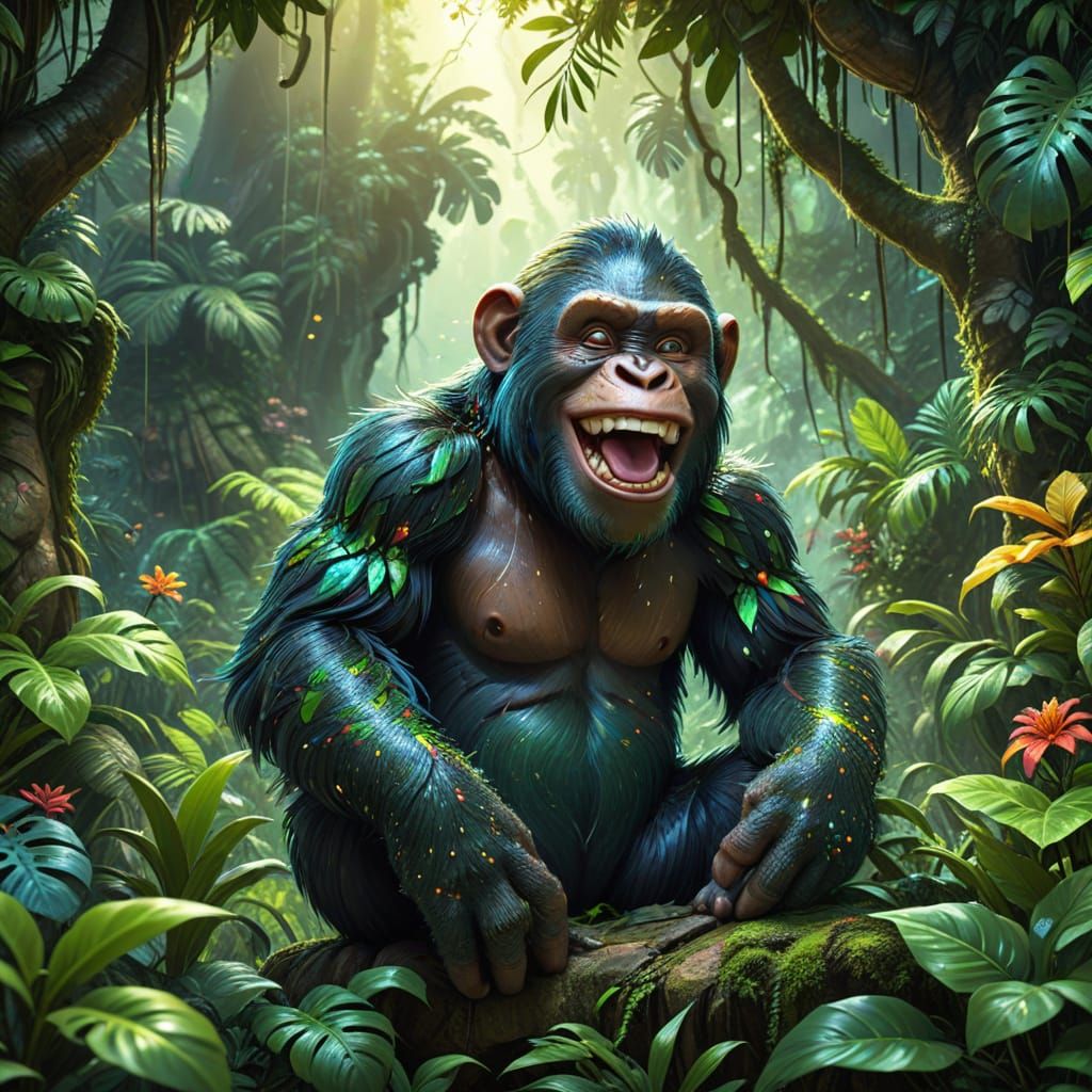 Vibrant Splash Art of a Happy Ape in a Lush Jungle