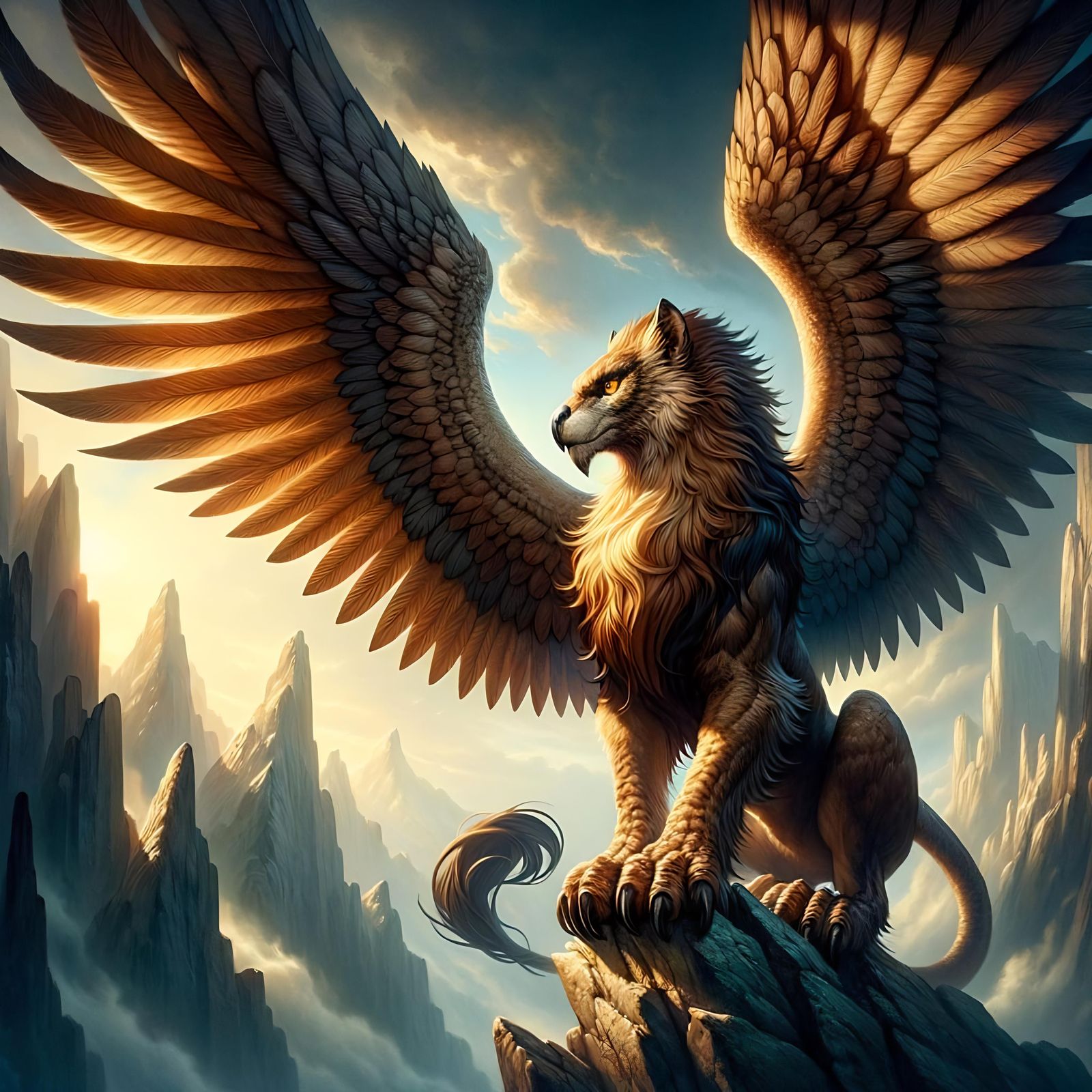 Epic Fantasy Griffon Soaring Over Mountain Peaks