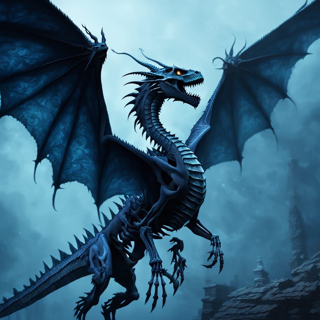 Skeleton Dragons Flying in Dark Fantasy Style