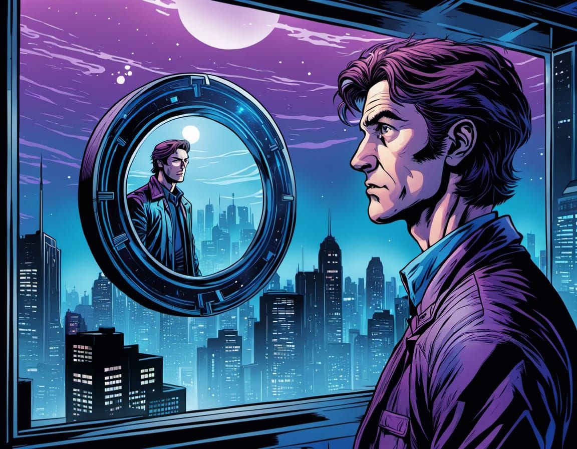 Time Traveler Phases Through Mirror in Comic Book Art
