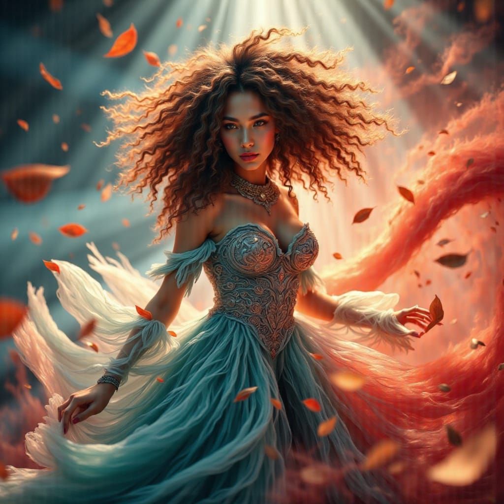 Woman in Vibrant Teal and Coral Outfit Amidst Swirling Leave...