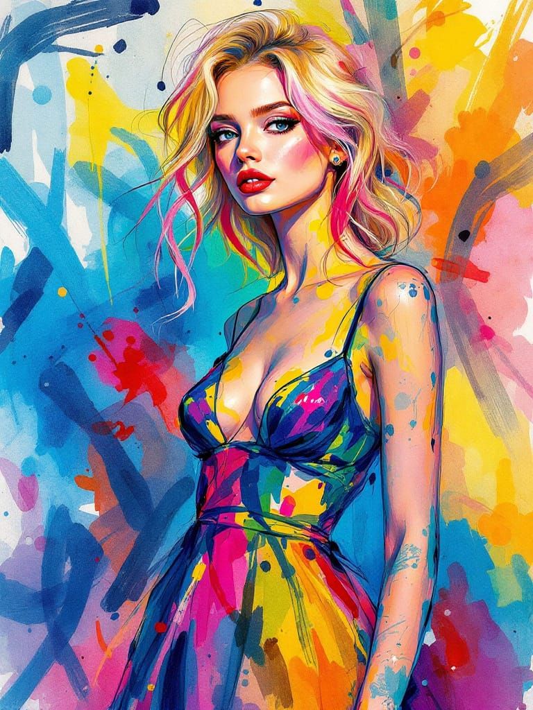 Vibrant Pin-Up Woman in Bold Fauvist Watercolor Style