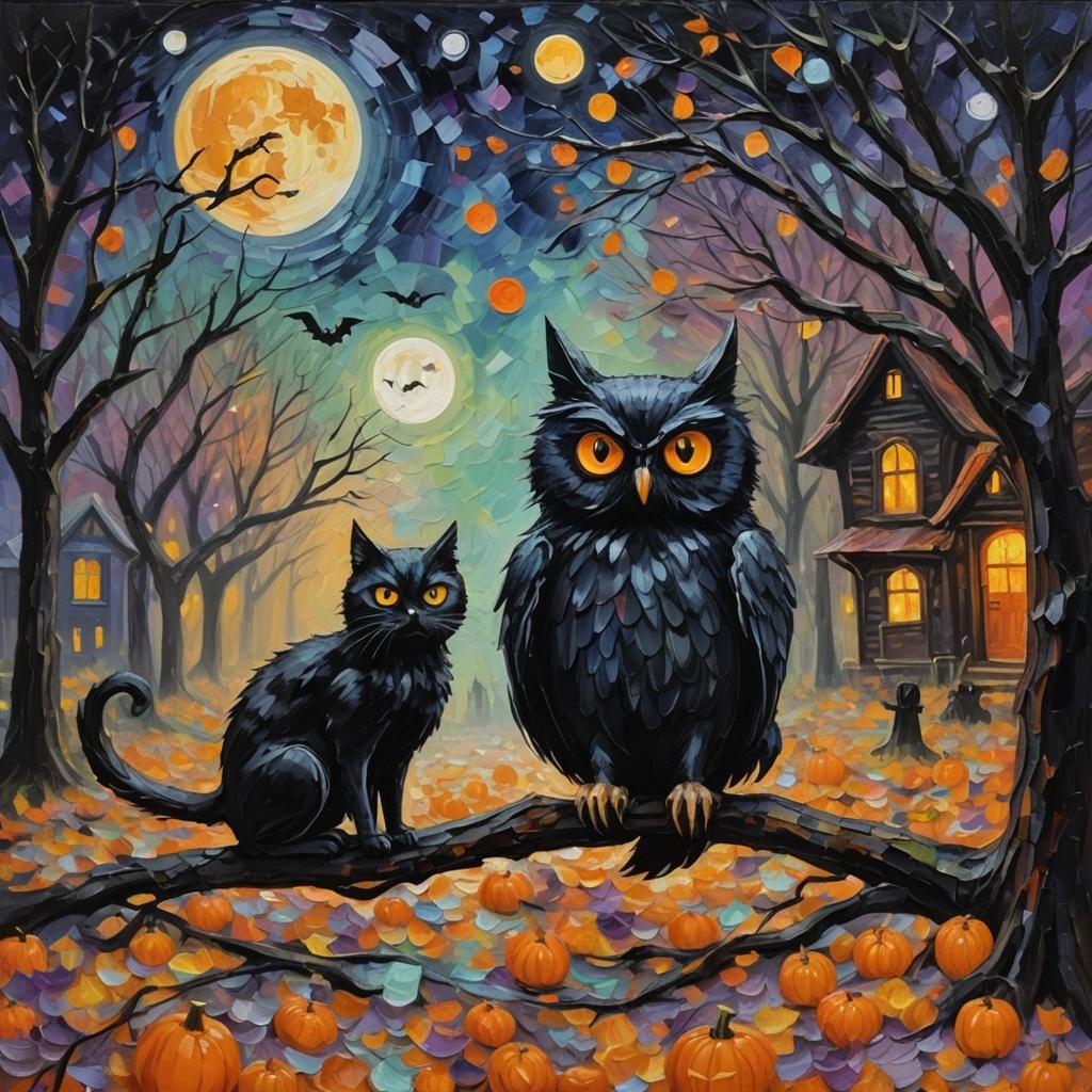 Halloween Night: Cat and Owl in Expressionist Painting