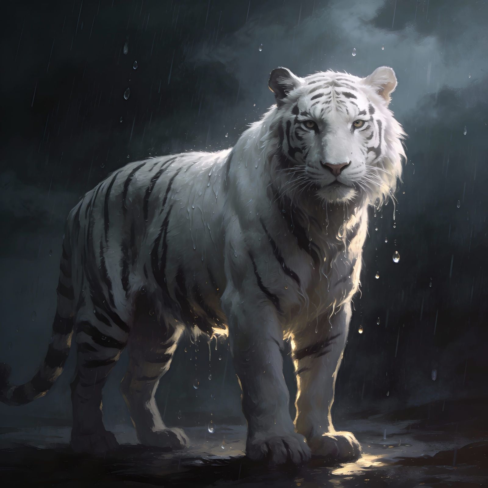 Fierce Albino Tiger in Dramatic Rainstorm
