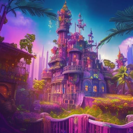 Psychedelic Cyberpunk Castle with Tropical Flowers