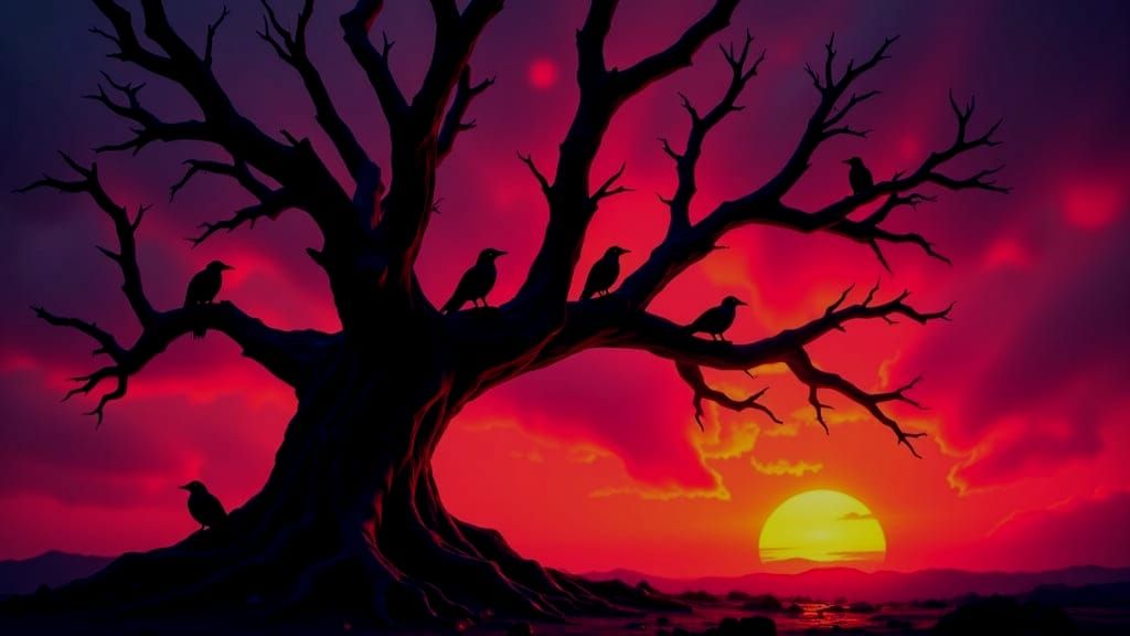 Ancient Tree Silhouette at Sunset in Hyperphotorealism