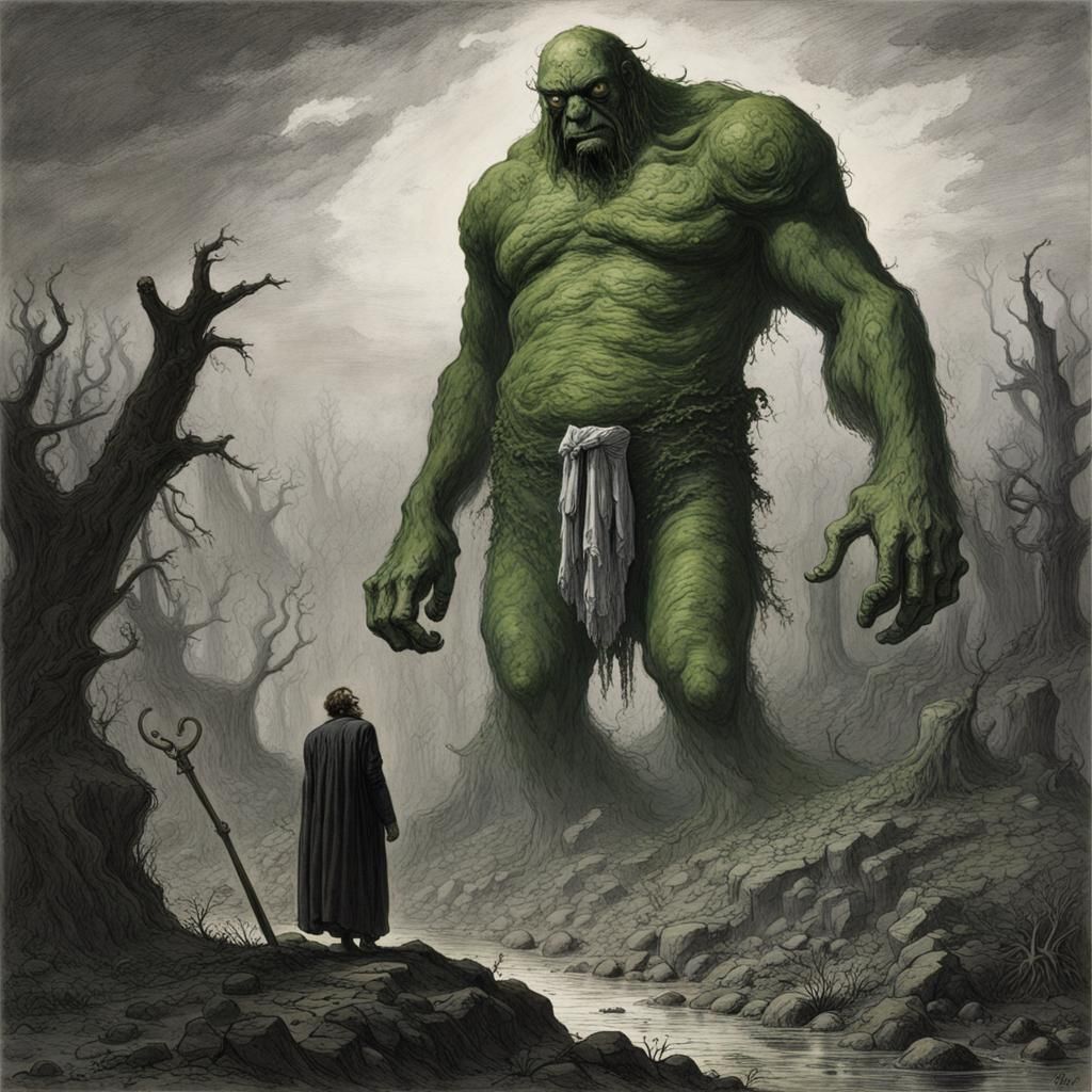 Terrifying Green Giant in Dark Fantasy Style