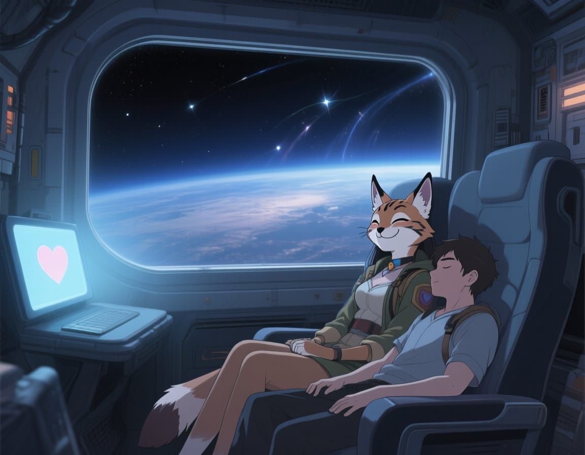 Anthropomorphic Lynx in Spaceship, Anime Style