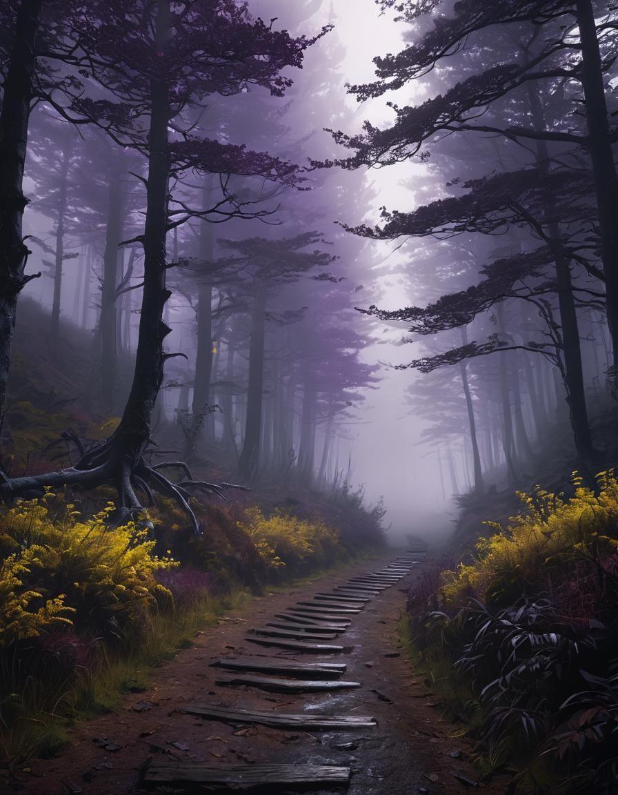 Menacing Forest Path in Grimdark Fantasy Landscape