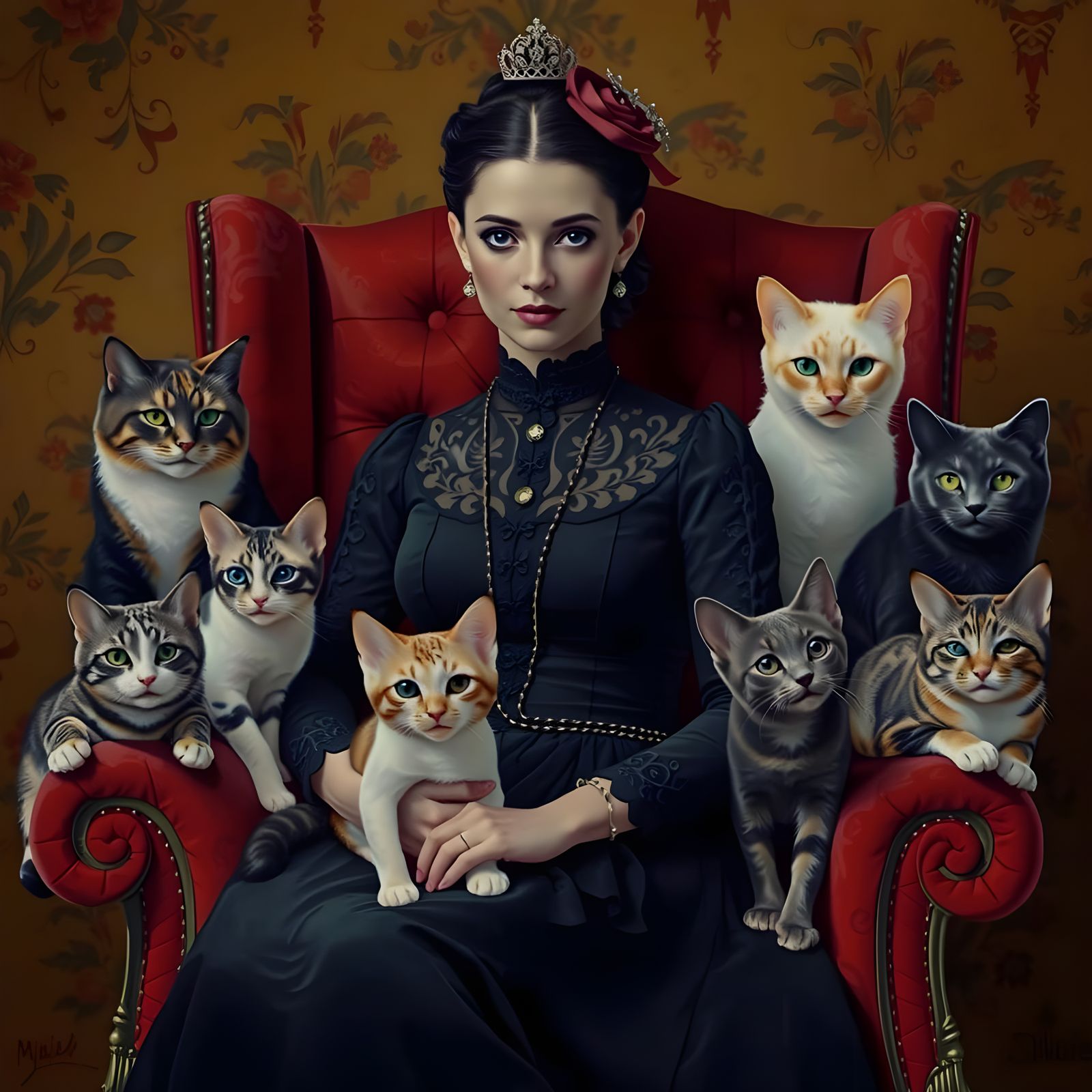 Elegant Woman Surrounded by Her Loyal Feline Companions in a...