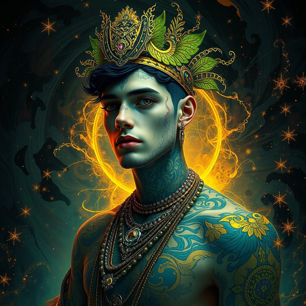 Ornate Portrait with Neon Tattoos in Klimt-Inspired Style