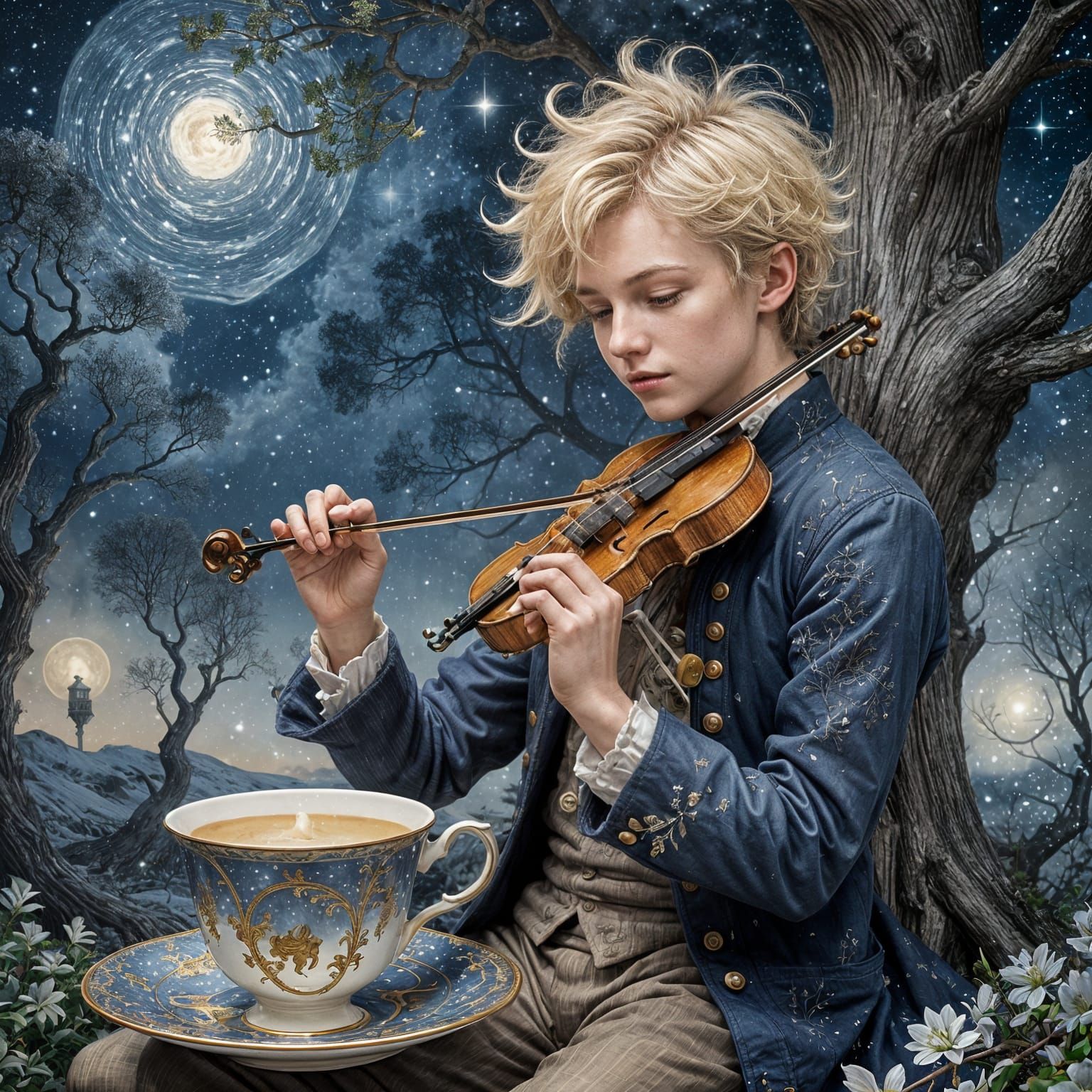 Boy Plays Violin on Teacup Amidst Cosmic Fairy Tale Landscap...