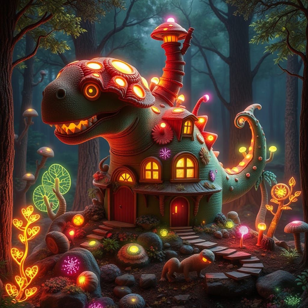 Whimsical Dinosaur House in a Glowing Enchanted Forest