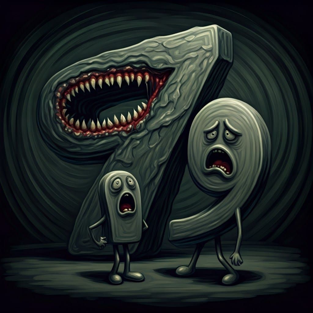 Distorted Nightmare: Number 7 Devours 9 in Dark Surrealism