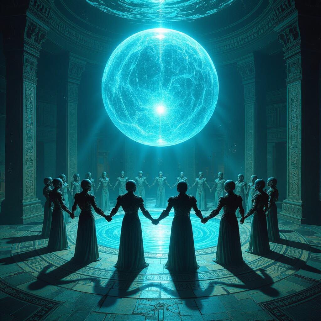 Ancient Figures Circle Temple with Glowing Arcane Engravings