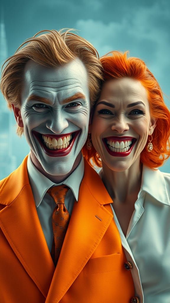 Hyper-Realistic Couple with Joker Smiles in Cityscape