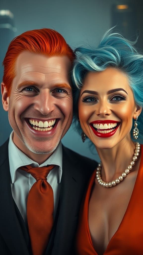 Elegant Couple with Eccentric Smiles in Hyperreal Style