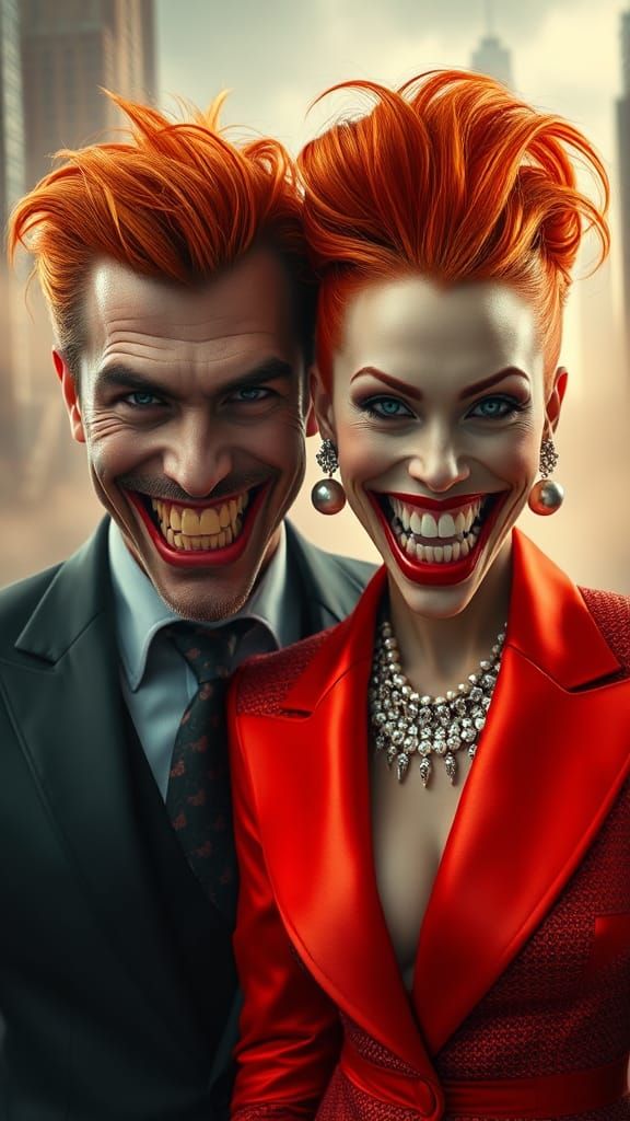 Hedonistic Couple with Joker Smiles in Metropolis