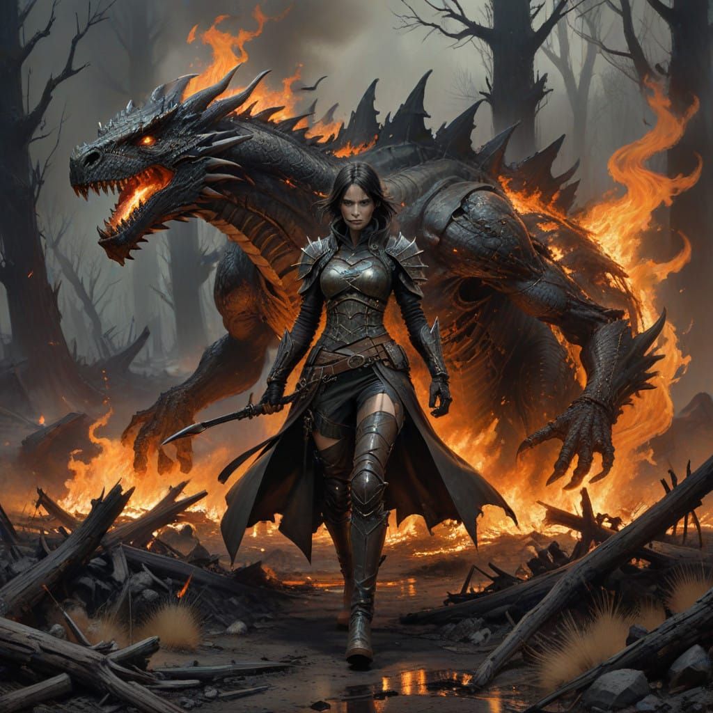 Female Dragon Hunter in Charcoal Landscape of Flames and Bon...