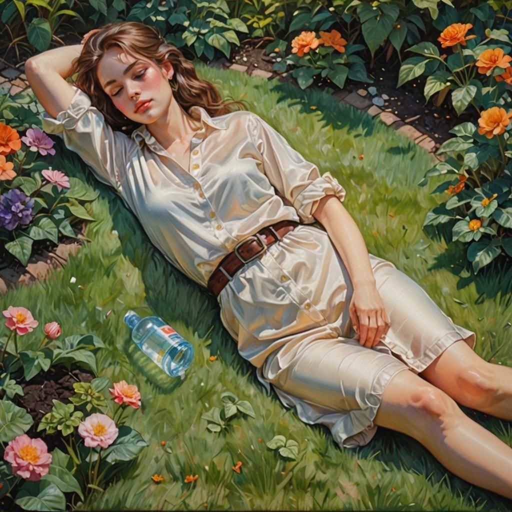 Woman Resting in Garden in Oil Painting Style