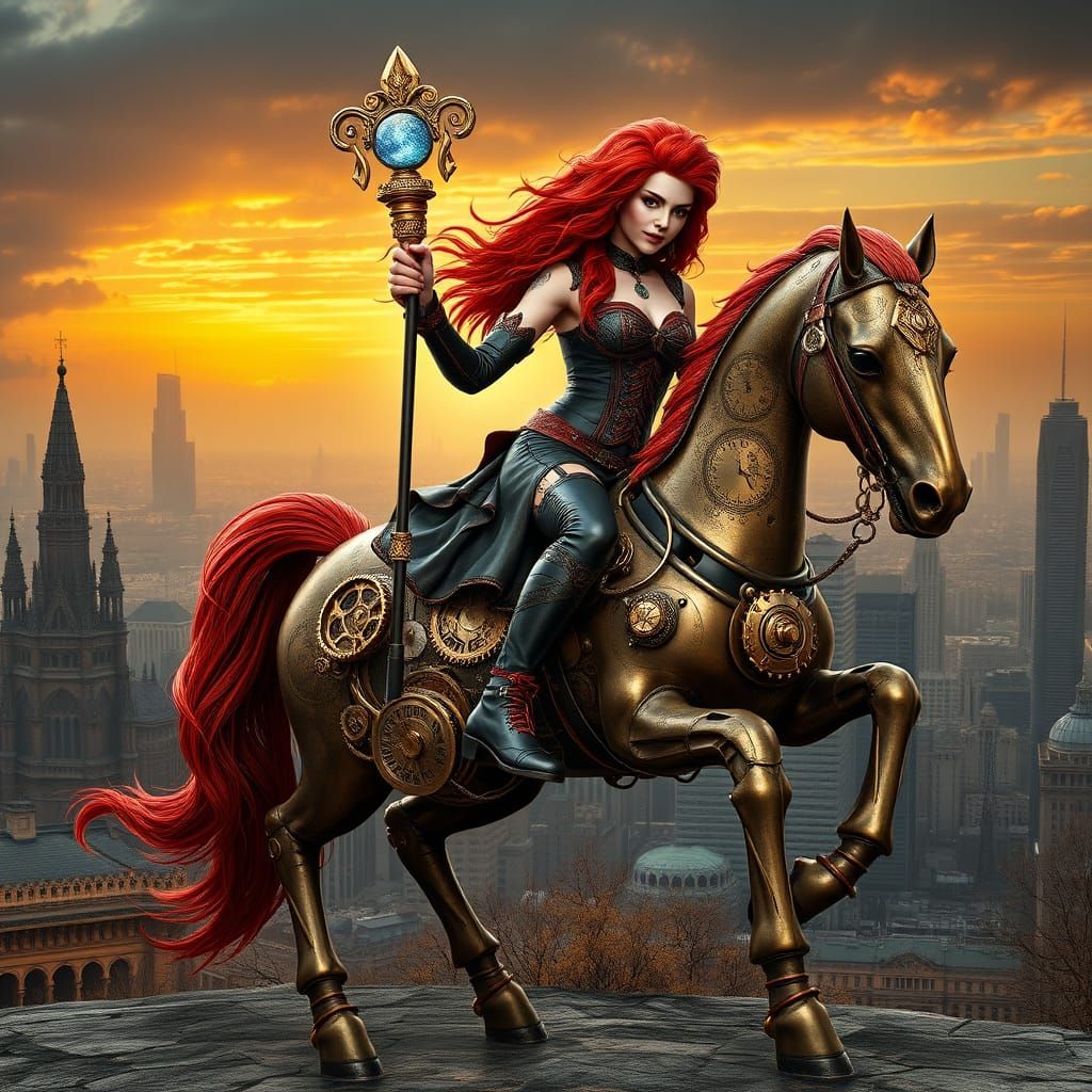 Steampunk Wizard Lady Rides Clockwork Metal Horse Through Fu...