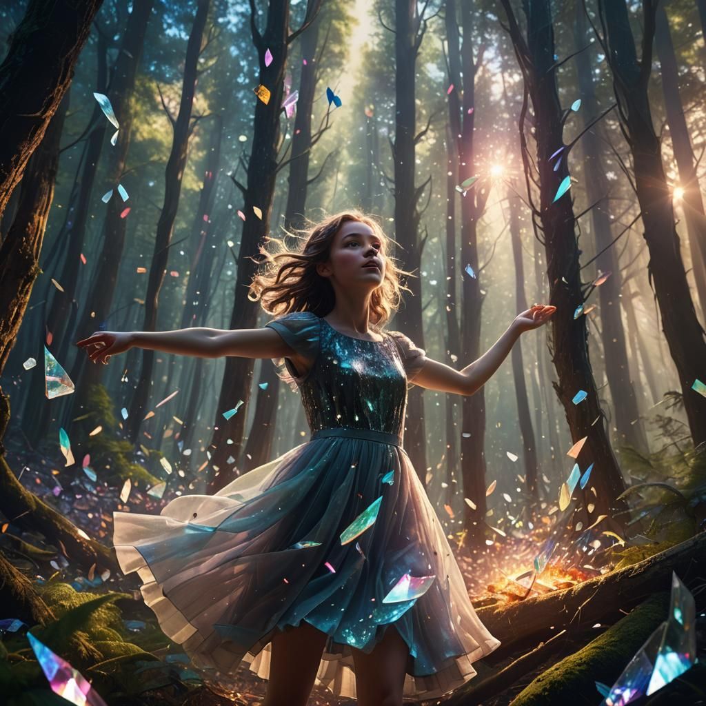 Ethereal Girl Falling Through Glass in Forest