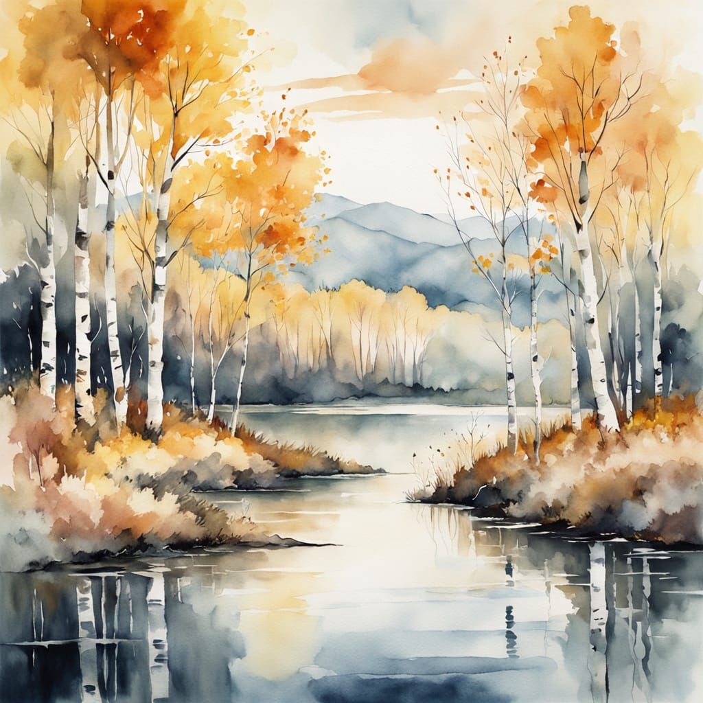 Ethereal Watercolor Lakeside Landscape with Birch Trees